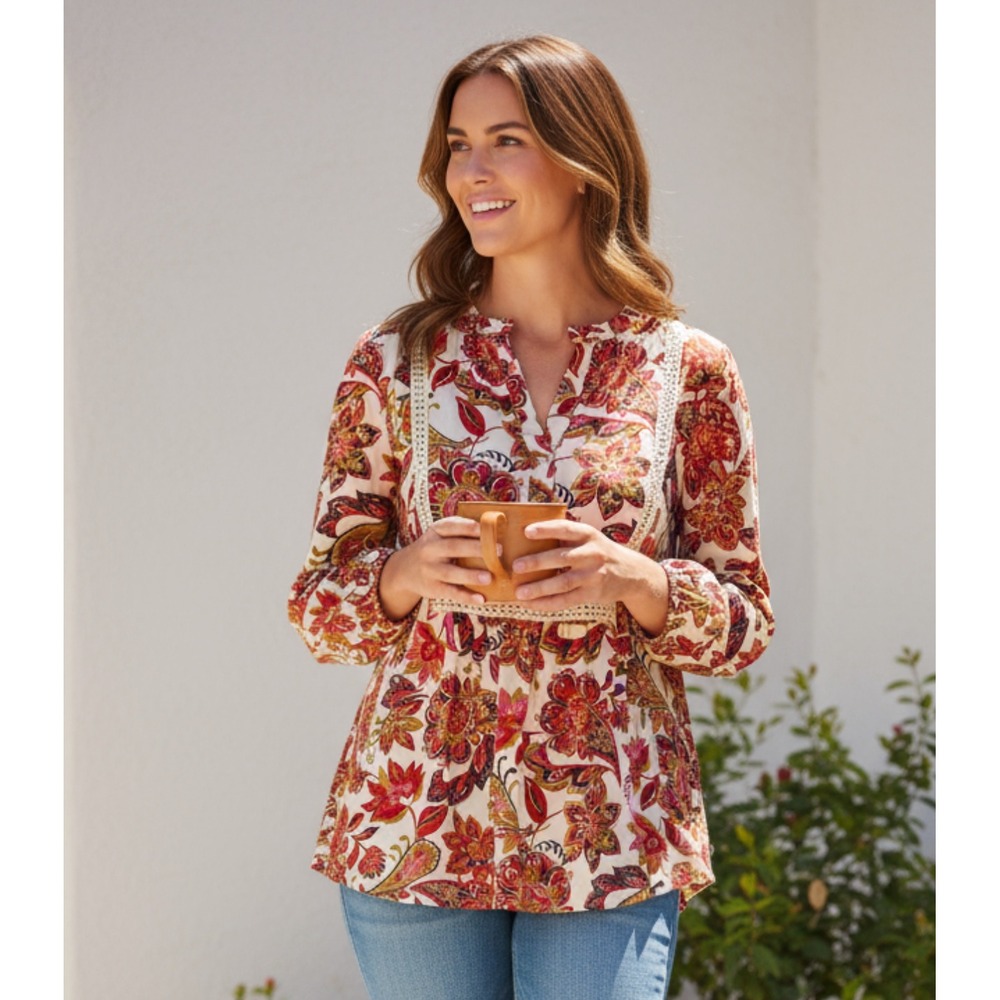 LOFT Outlet Petite Floral Blouse Long Sleeve Lace Trim Boho Chic Petite Medium